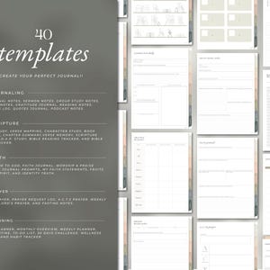 May include: A digital journal template set with 40 templates, including journaling, scripture, faith, prayer, and planning sections. The templates are displayed on a light gray background with text in a white font. The text includes "40 templates" and "Create Your Perfect Journal!!"
