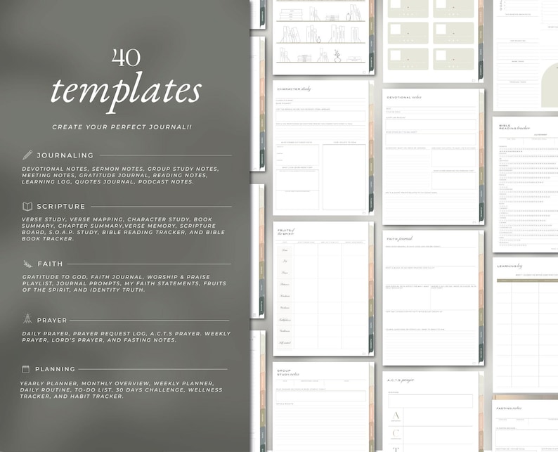 May include: A digital journal template set with 40 templates, including journaling, scripture, faith, prayer, and planning sections. The templates are displayed on a light gray background with text in a white font. The text includes "40 templates" and "Create Your Perfect Journal!!"