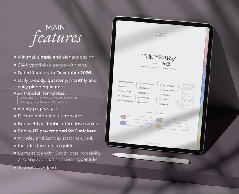 Aesthetic Notability Planner Dated Daily Weekly Monthly Page Digital Notebook Template