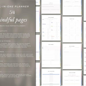 May include: An all-in-one planner with 54 mindful pages. The planner includes sections for productivity, health & fitness, wellness, lifestyle, and finance. The pages are white with colorful borders and text.