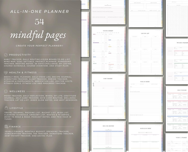 May include: An all-in-one planner with 54 mindful pages. The planner includes sections for productivity, health & fitness, wellness, lifestyle, and finance. The pages are white with colorful borders and text.
