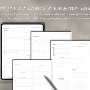 Op de afbeelding: Een digitale planner op een tabletscherm met meerdere weekindelingen en een reflectiepagina. De interface bevat labels zoals Week 28, July 9, grateful en notes, samen met diverse planningsroosters, checklists en gewoontetrackers voor dagelijks gebruik.