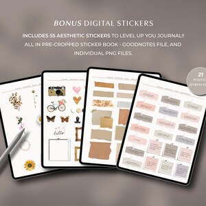 May include: Four digital tablets showing aesthetic stickers, including floral designs, a camera, and affirmations. Text reads "Bonus Digital Stickers" and "Includes 55 aesthetic stickers to level up your journal!!"