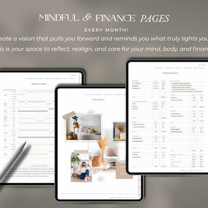 May include: Three digital tablet screens displaying planner pages titled MINDFUL & FINANCE PAGES. The screens show a wellness tracker, a vision board with photos, and a monthly finance spreadsheet. A gray stylus rests near the left tablet.