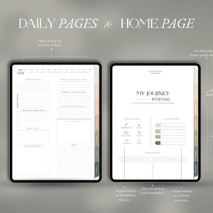 May include: Two digital tablets displaying planner pages. One shows a daily layout with sections for gratitude and notes. The other features a "My Journey With God" theme, with template library and custom sections. Text includes "Daily Pages & Home Page".