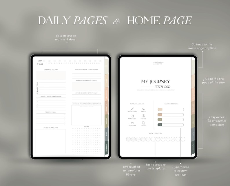 May include: Two digital tablets displaying planner pages. One shows a daily layout with sections for gratitude and notes. The other features a "My Journey With God" theme, with template library and custom sections. Text includes "Daily Pages & Home Page".
