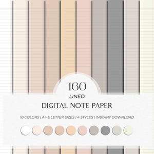 May include: Digital note paper with 10 colours, A4 and Letter sizes, and 4 styles. The image shows a variety of lined paper in neutral tones, including beige, grey, and cream. The text on the image reads "160 Lined Digital Note Paper".