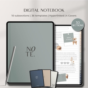 Puede incluir: Una aplicación de cuaderno digital en la pantalla de una tableta con un fondo azul claro y el texto "NO TE." La aplicación tiene 30 secciones, 36 plantillas y 4 cubiertas. La aplicación está hipervinculada y tiene 10 subsecciones.