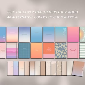 May include: An assortment of notebooks with diverse cover designs. The covers display gradient colours, patterns, and text such as "Grateful" and "Blessed." The image includes the text "Pick the cover that matches your mood" and "40 alternative covers to choose from!"