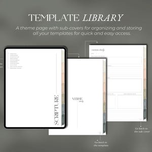 May include: A digital template library with the text "TEMPLATE LIBRARY" and "SCRIPTURE". The image shows a tablet and two open notebooks with the words "VERSE study". The theme page has sub-covers for organizing templates.