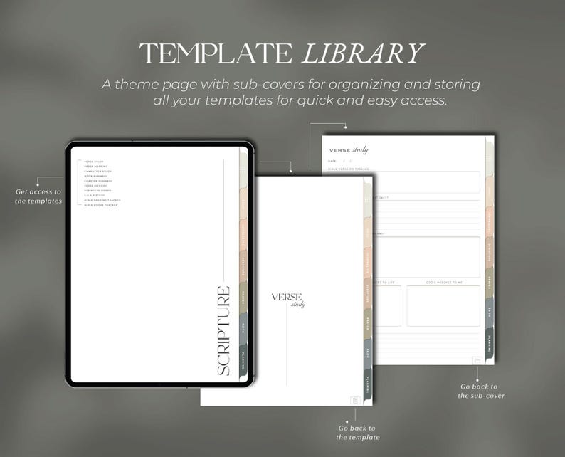 May include: A digital template library with the text "TEMPLATE LIBRARY" and "SCRIPTURE". The image shows a tablet and two open notebooks with the words "VERSE study". The theme page has sub-covers for organizing templates.