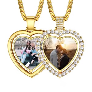 Customized Heart Photo Pendant, Personalized Heart Couple Picture Necklace, Iced Out Hip Hop Jeweler Cuban Chain Christmas Gift for Birthday