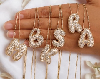 Collier pendentif initiale CZ glacée : lettre bulle personnalisée, or ou argent