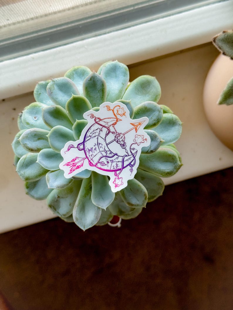 Op de afbeelding: Een sticker met een hemels ontwerp met pijl en boog, maan en sterren, in tinten paars, roze en oranje. De sticker is geplaatst op een groene vetplant, met een vage achtergrond.