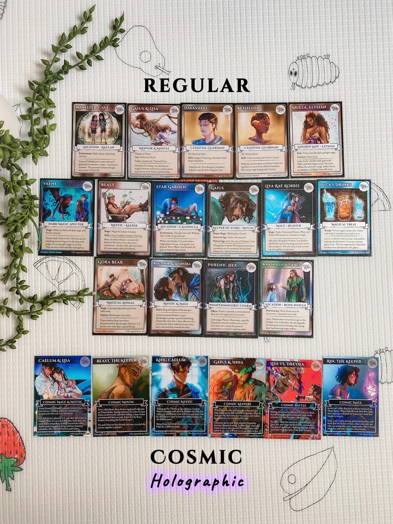 May include: A collection of fantasy trading cards, featuring various characters and scenes. The cards are labeled "REGULAR" and "COSMIC Holographic". Each card has unique artwork and text, with titles like "Monster Cave" and "Gaius & Inha".