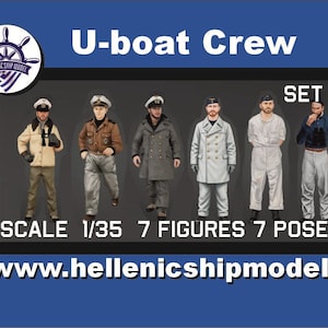Pode incluir: Um conjunto de figuras da tripulação de um U-boat em escala 1/35, rotulado como Set 2. A coleção inclui sete figuras distintas com vários uniformes, incluindo casacos, jaquetas e calças, algumas segurando binóculos. O texto U-boat Crew, Set 2, Scale 1/35, 7 Figures 7 Poses e o site www.hellenicshipmodel.gr são visíveis.