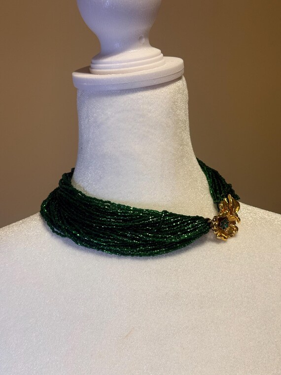 Vintage Emerald green multi-strand seed bead necklace