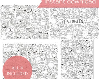 4 Set Halloween Coloring Posters, Digital Files, Instant Download, PDF