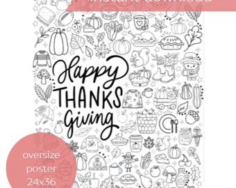 Thanksgiving Coloring Poster, oversize 24x36, digital file for kids
