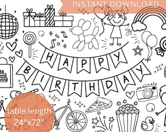 Giant Birthday Party Coloring Page for parties for kids, large to use as a table runner, 24"x72"