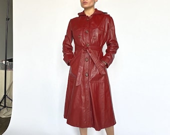 Red Leather Trench Jacket | Long Line Hooded Jacket - Size xs