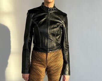 Y2k Moto Cropped Jacket | Leather Biker Crop Jacket - Size XS