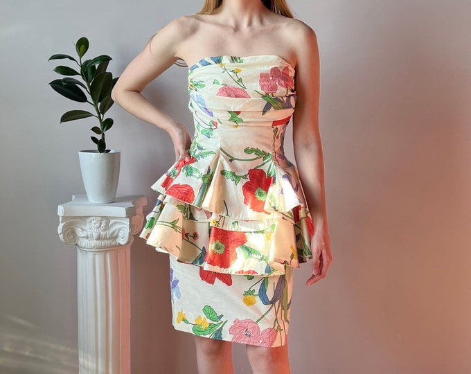 80's designer floral strapless matching 2 pc peplum skirt set - xs