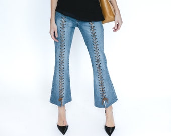 Y2k Low Rise Lace Up Jeans | Flare Denim - Size M