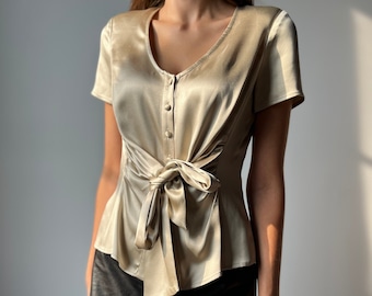 blusa de seda con lazo delantero - talla s m