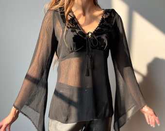 Bell Sleeve Blouse | Whimsigoth Sheer Top  - Size S M