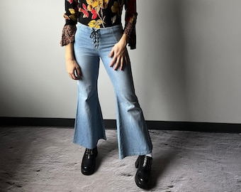 90s Bell Bottom Flare Jeans | 90's Lace up Mid Rise Denim  - Size S