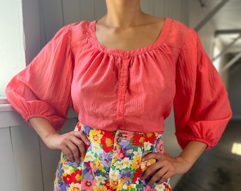 Coral Silk Bishop Sleeve Blouse - Size S M L