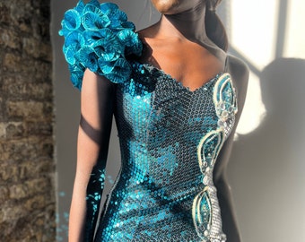 Sequin Organza Sleeve Aqua Asymmetrical Ruffle Dress - Size S