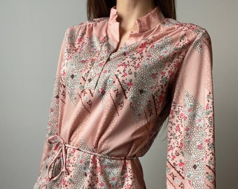70's Hippie Top | Pink Multi-Floral Patterned Blouse - M