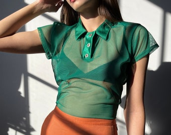 90s Green Sheer Polo Blouse - Size S M