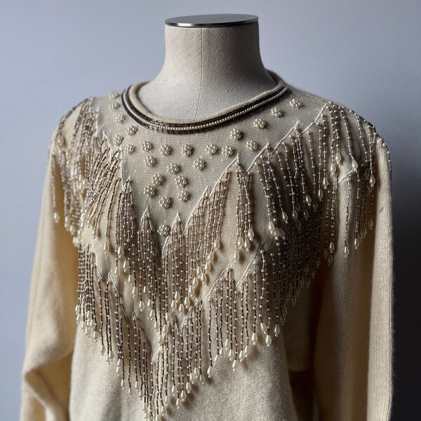 fringe angora embellished beaded sweater