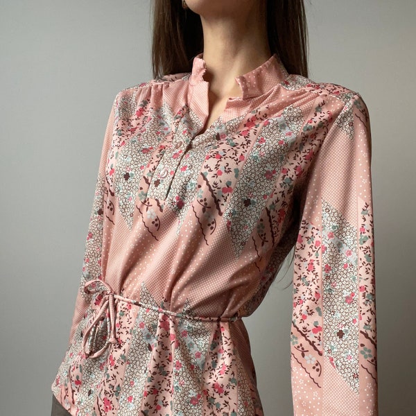 70's Hippie Top | Pink Multi-Floral Patterned Blouse - M