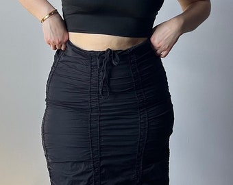 Y2K Black Ruched Gathered Maxi Skirt