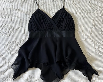 Black Silk Fairy Tank Top, 90's Vintage Asymmetrical Hem,  Whimsigoth