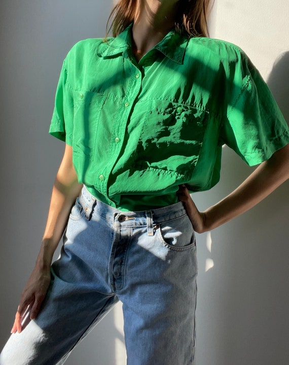 Silk Green Button-Up Blouse - XXL