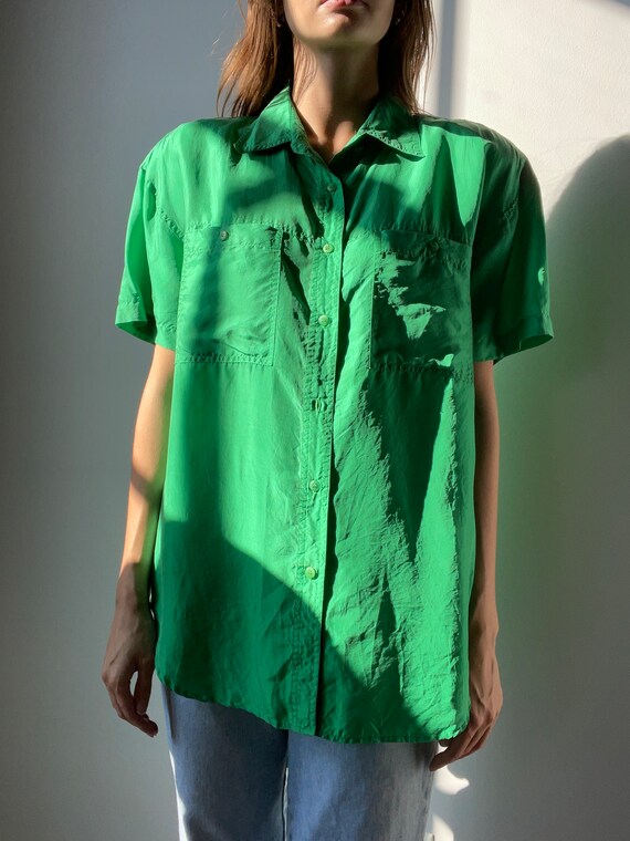 Silk Green Button-Up Blouse - XXL - image 2