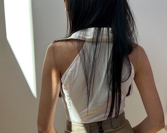 Y2K White Racerback Polo Top, Patrizia Pepe Preppy Sleeveless Blouse, Italian Designer Cotton Tenniscore Tank Shirt