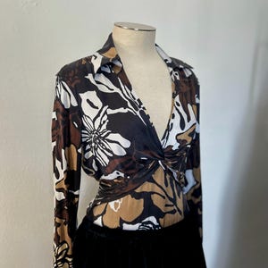 90s floral silk plunge knot blouse, botanical print CACHE top