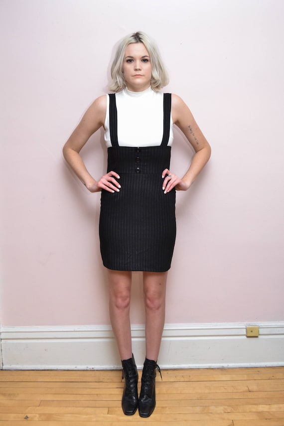 Vintage 90s Black Suspender Pencil Mini Dress // Grunge Stretch Overall  Dress - Size S M