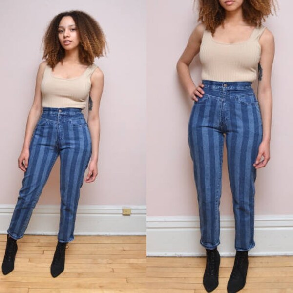 90s Vintage High Waist Striped Jeans // GRUNGE Stripe Pencil Jeans  - 26 inch waist