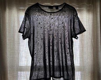 Y2K doorzichtige mesh-top, jaren 90 Fairycore-T-shirt, zwart doorzichtig shirt, grillige grunge-gotische blouse