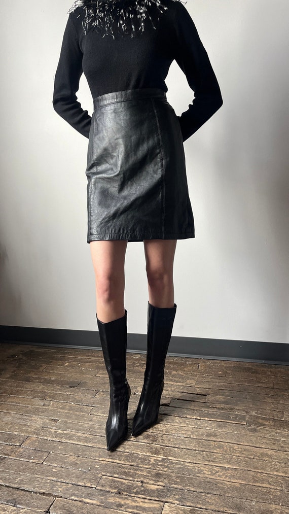 90's Black Leather Midi Skirt - Size M