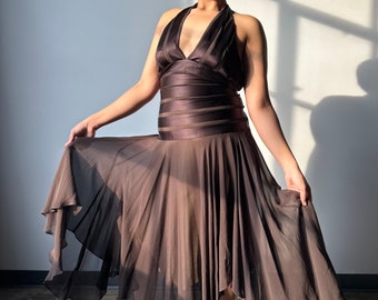 Brown Silk Halter Dress | Y2K BCBG Cocoa Cocktail Dress - Size Large