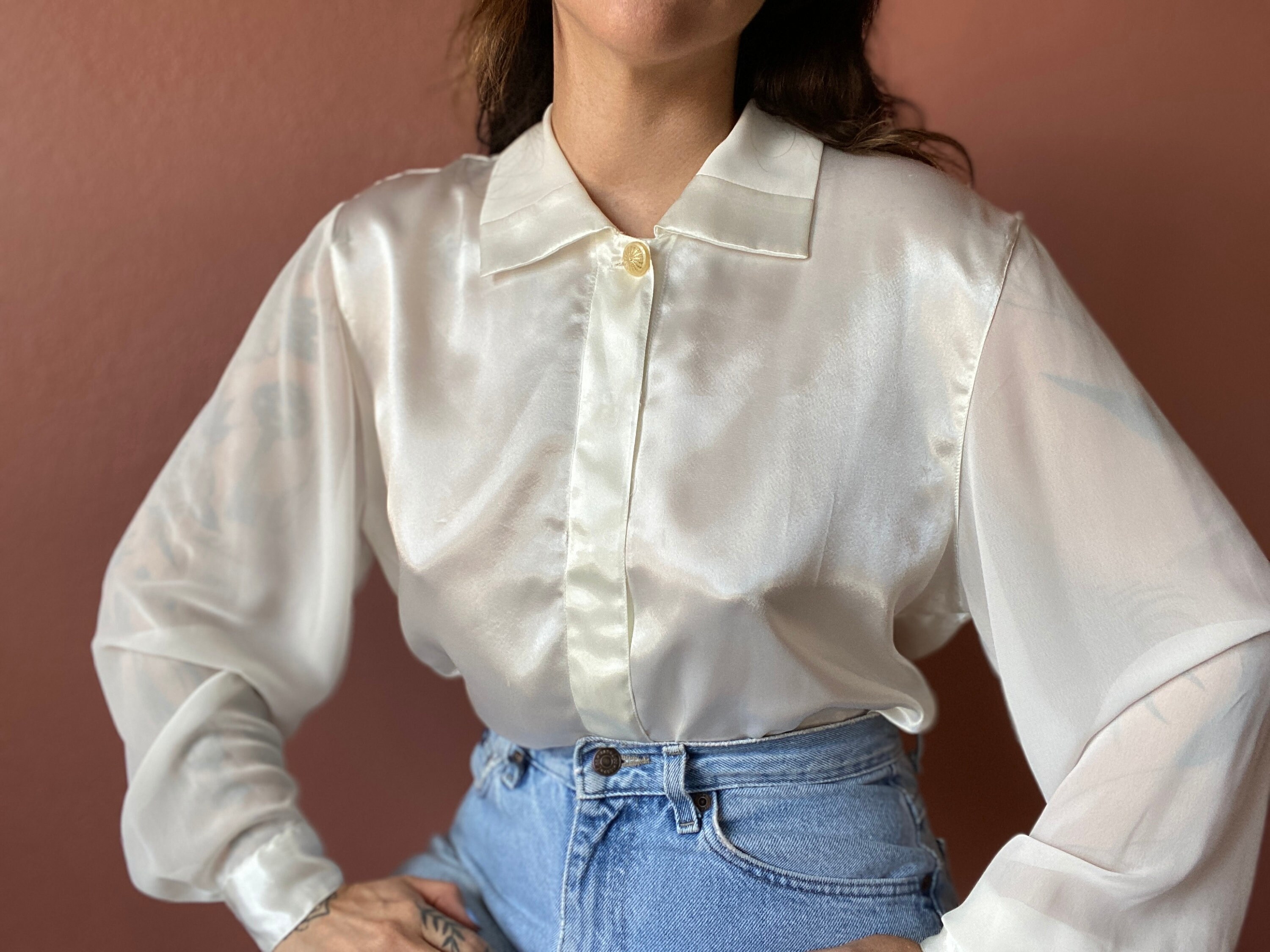 White satin sheer sleeve blouse l xl Etsy