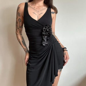 Y2K Asymmetrical Draped Ruched Flower Appliqué Bodycon Dress | Designer Italian Made Pinko